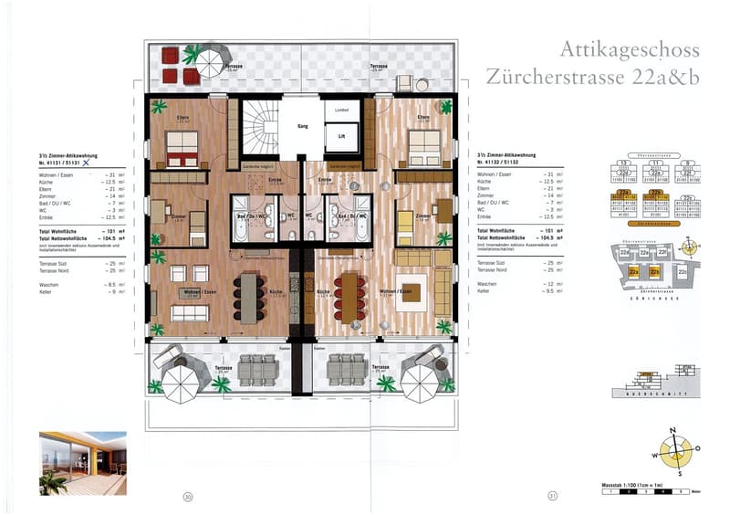 Floor plan of a 3.5-room attic apartment with two terraces, featuring living/dining areas, kitchen, bedrooms, bathrooms, and entrances.