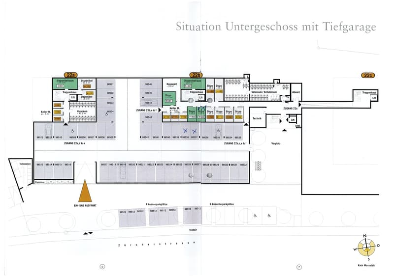 Floor plan of a basement level with a deep garage, showing various rooms including storage areas, a technical room, and access points to different sections.