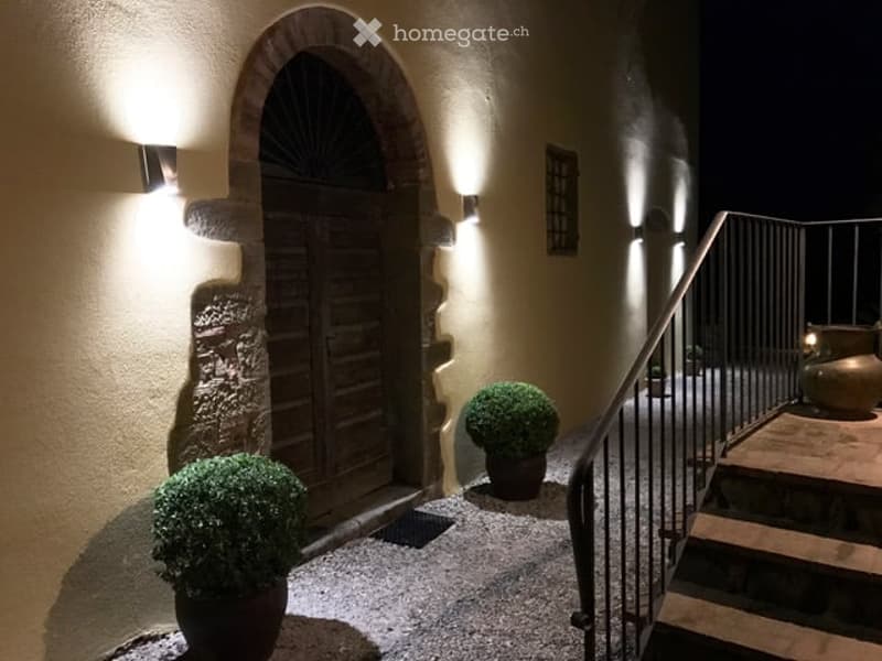 Nighttime view of a stone-walled entrance area with a wooden door, potted plants, and a staircase leading upwards.