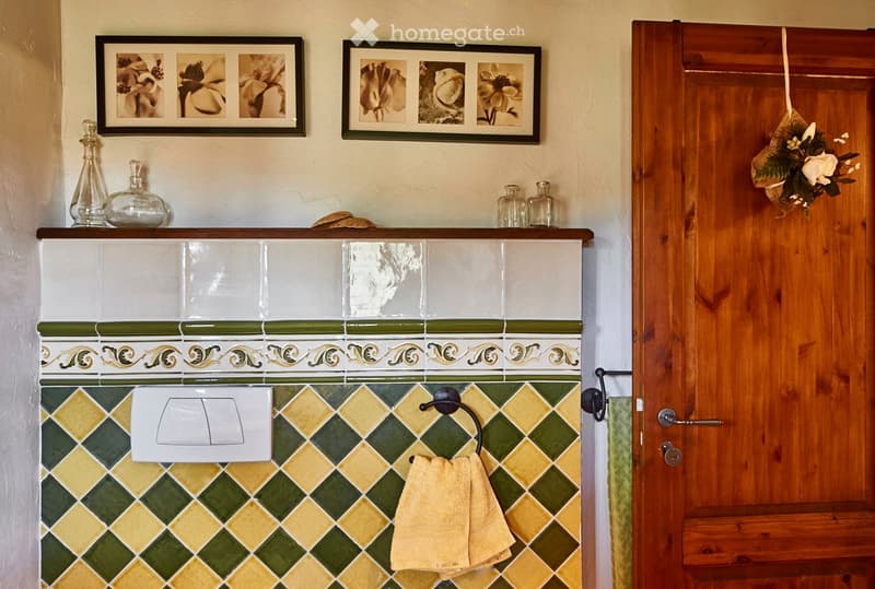 Bathroom with decorative tiles, a towel rack with a towel, and decorative bottles on a shelf above the tiles.