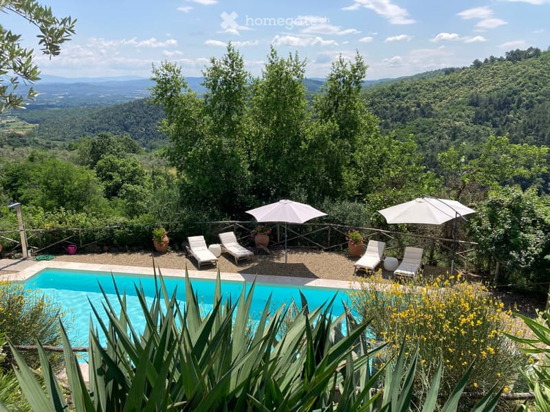 Outdoor area with a swimming pool, surrounded by sun loungers, umbrellas, and flower pots, overlooking a scenic valley.