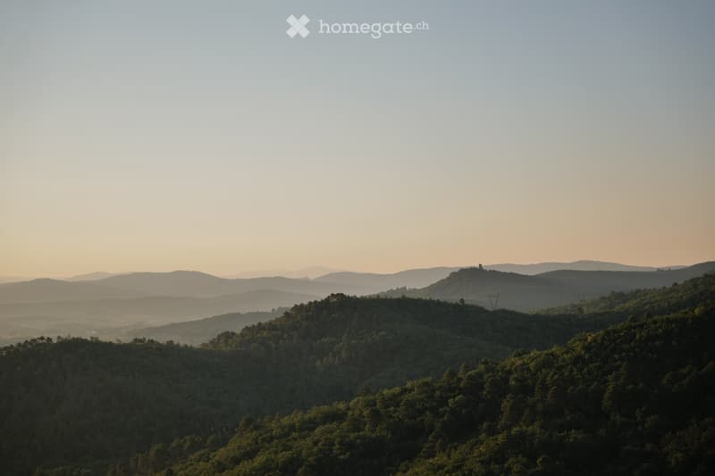 A panoramic view of a forested mountain range during sunset, with rolling hills and a distant castle silhouette.