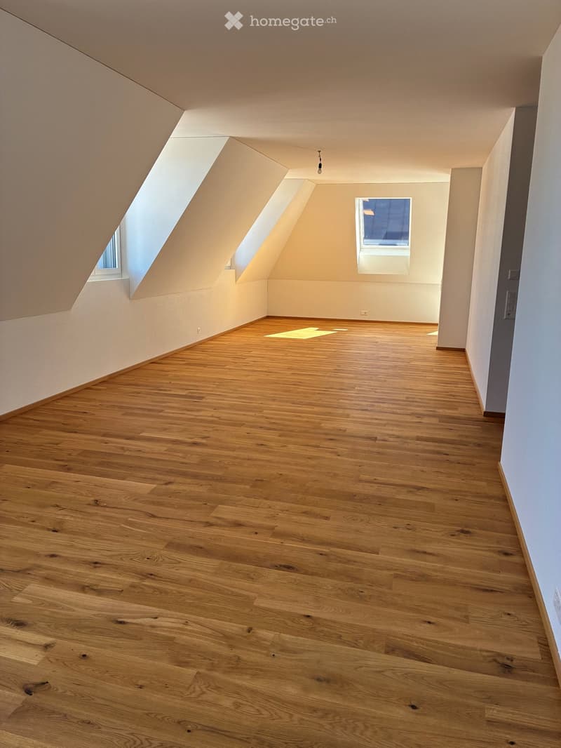 Empty room with wooden flooring, white walls, and two windows, one with a skylight design.