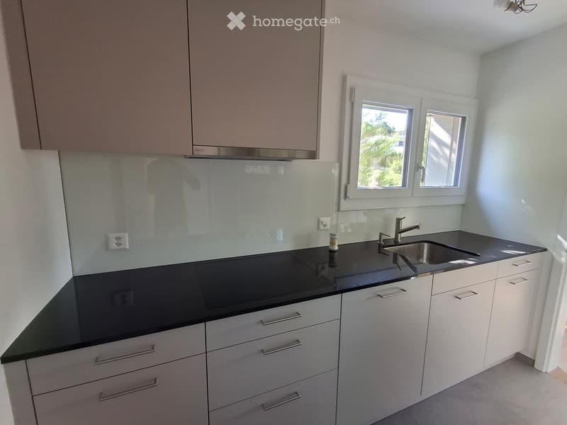 Modern kitchen with white cabinets, black countertops, and a stainless steel sink.