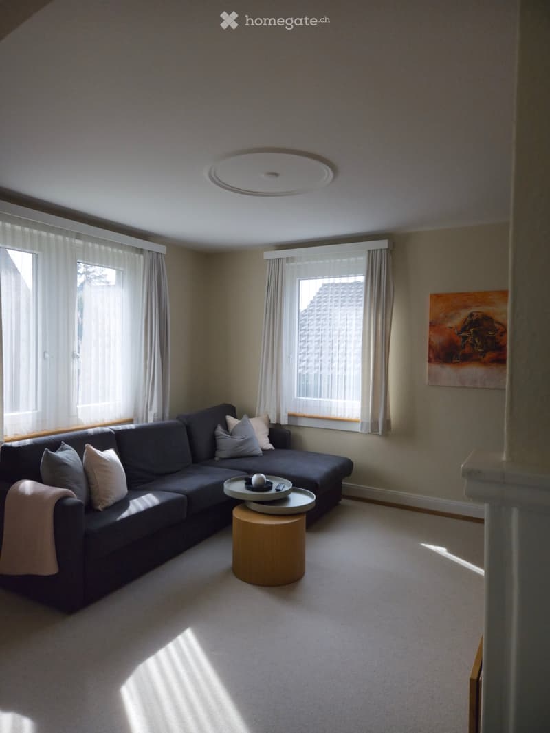 Modern living room with a grey sectional sofa, wooden coffee table, decorative pillows, and a painting on the wall. Large windows with white curtains allow natural light to fill the space.