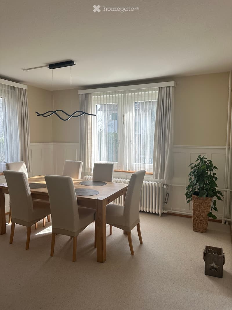 Dining room with a wooden dining table, six chairs, a radiator, a potted plant, and curtains on the windows.