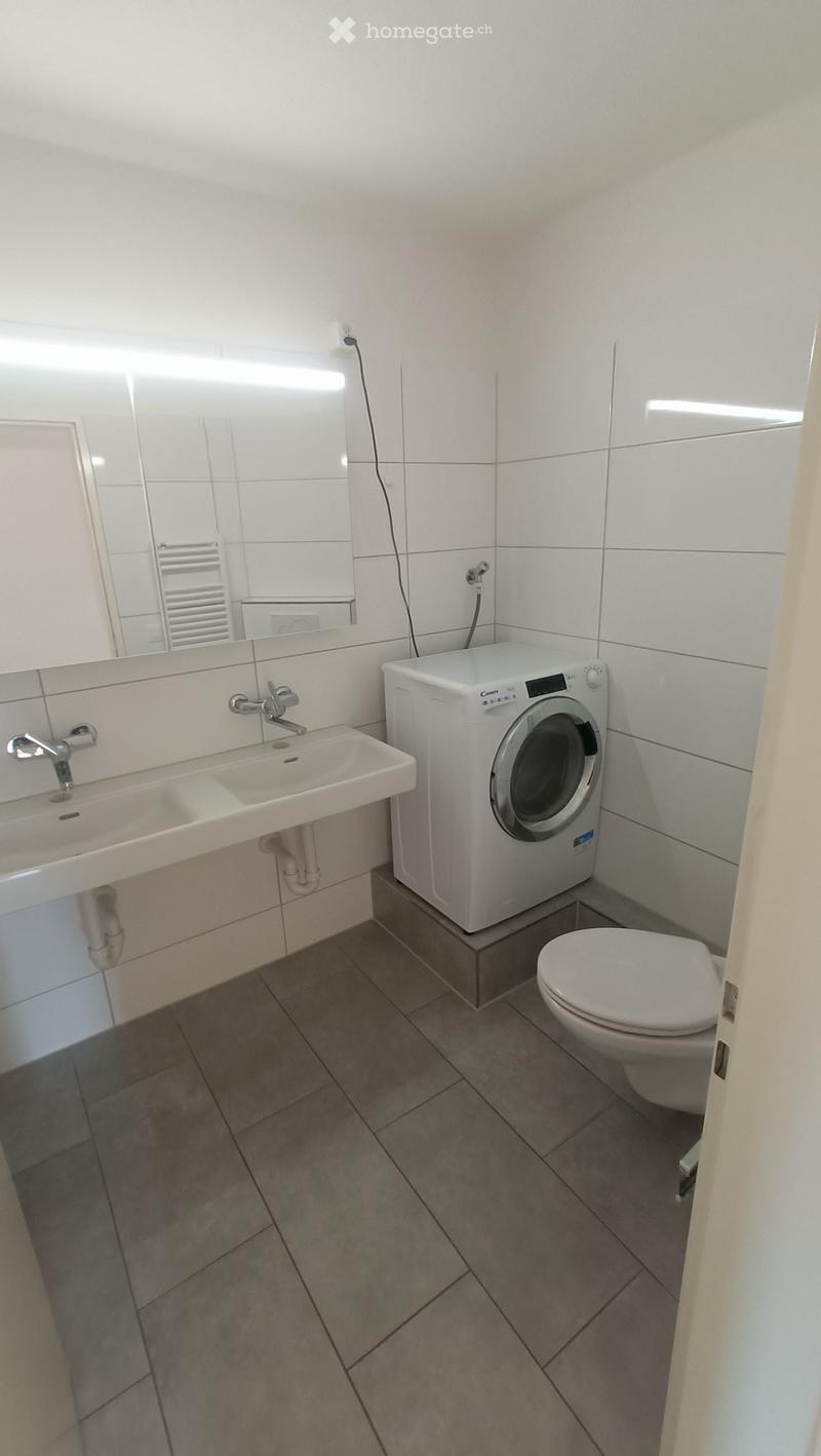 Modern bathroom with a sink, toilet, washing machine, and large mirror. The walls are tiled in white, and the floor is tiled in gray.