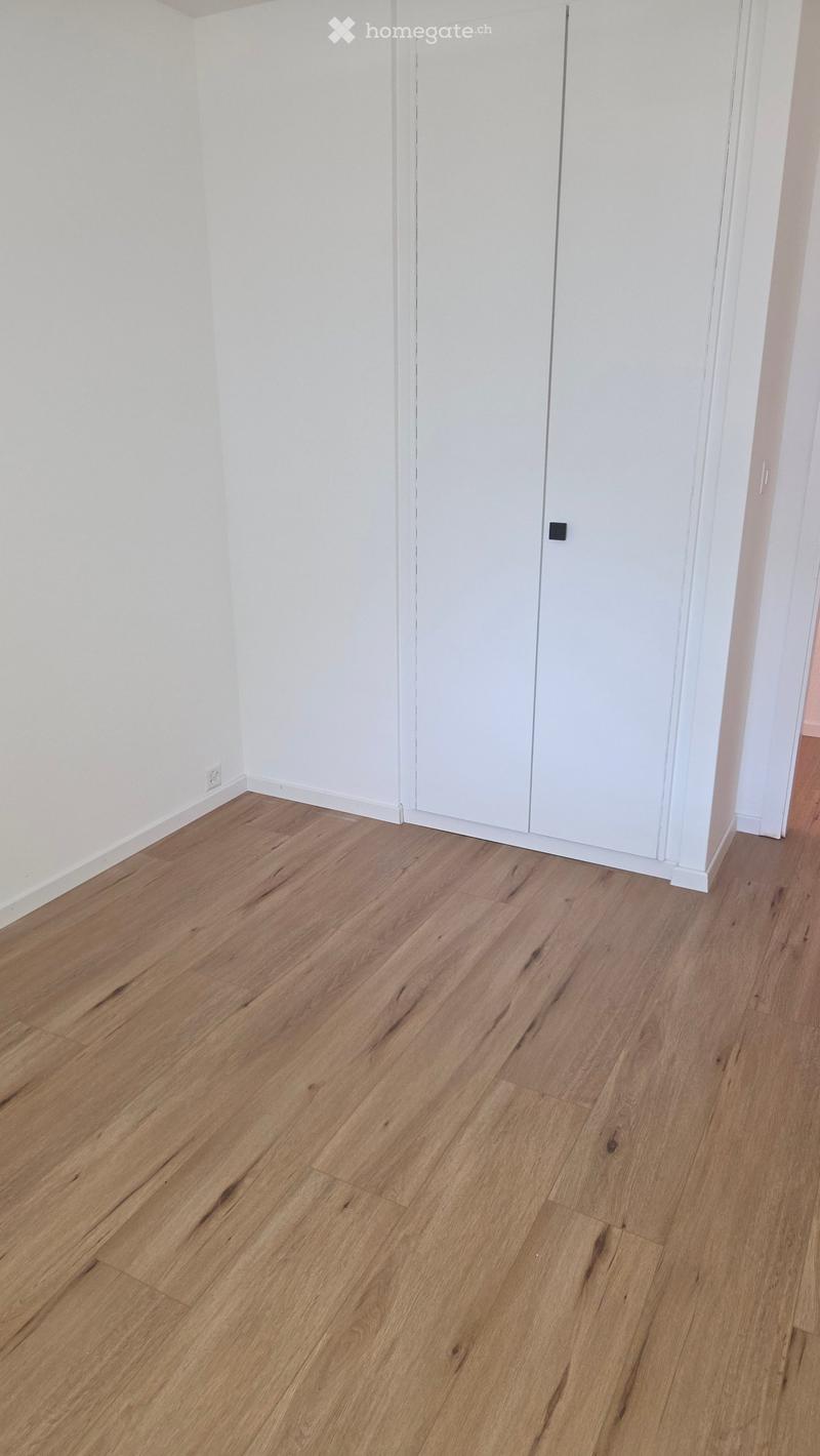 Empty room with light wooden flooring and white walls, featuring a closed white closet door.
