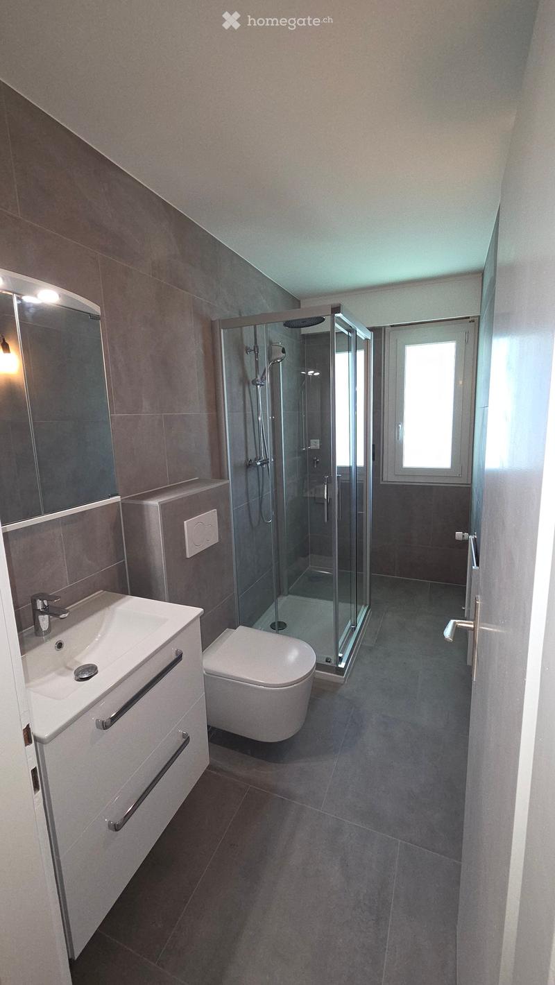 Modern bathroom with a white sink, toilet, glass-enclosed shower, and a large mirror. The walls and floor are tiled in neutral tones.