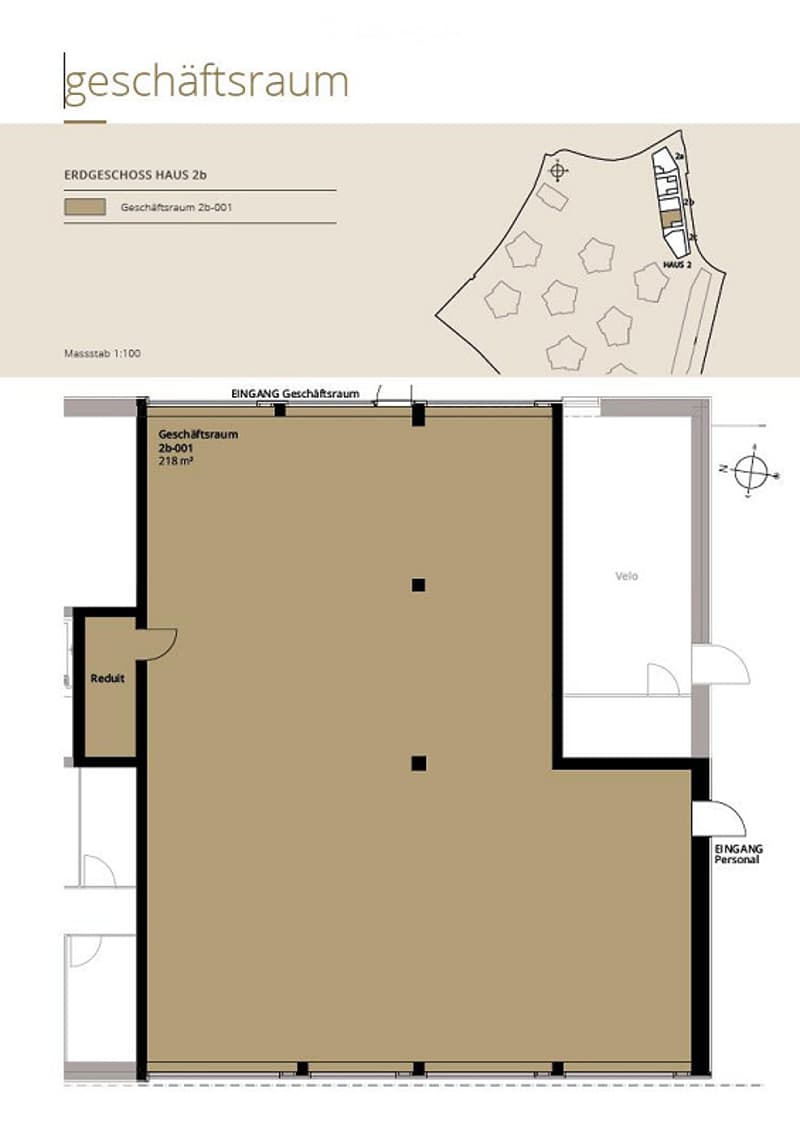 Floor plan of a commercial space on the ground floor of Haus 2b, featuring a main business room (218 m²), a small closet, a personal entrance, and a storage area.