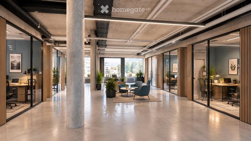 Modern office space with glass partitions, desks, chairs, laptops, potted plants, and artwork on the walls.