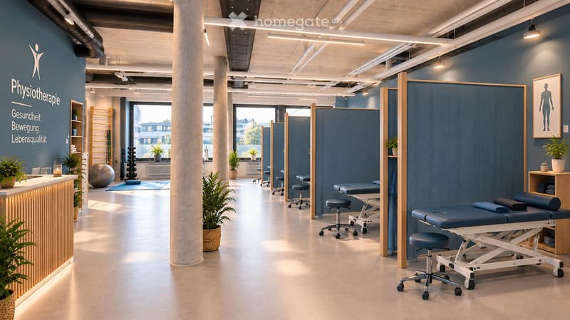 Modern physiotherapy clinic with treatment tables, stools, exercise ball, plants, and a reception area.