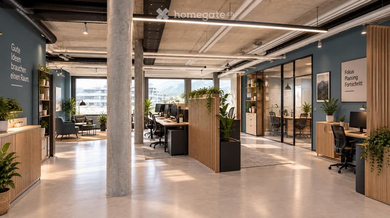 Modern office space with open-plan layout, featuring desks, chairs, screens, and plants. The area includes a seating area with a sofa and a small table, and large windows offering a view of the city.