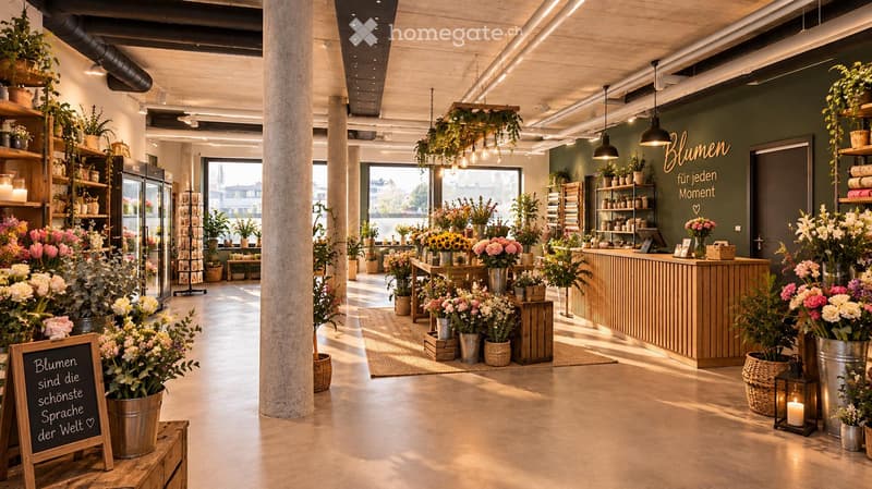 A modern flower shop interior with a wooden counter, shelves filled with potted plants, flower arrangements, and decorative items. The space features large windows, exposed wooden beams, and hanging plants, creating a bright and inviting atmosphere.