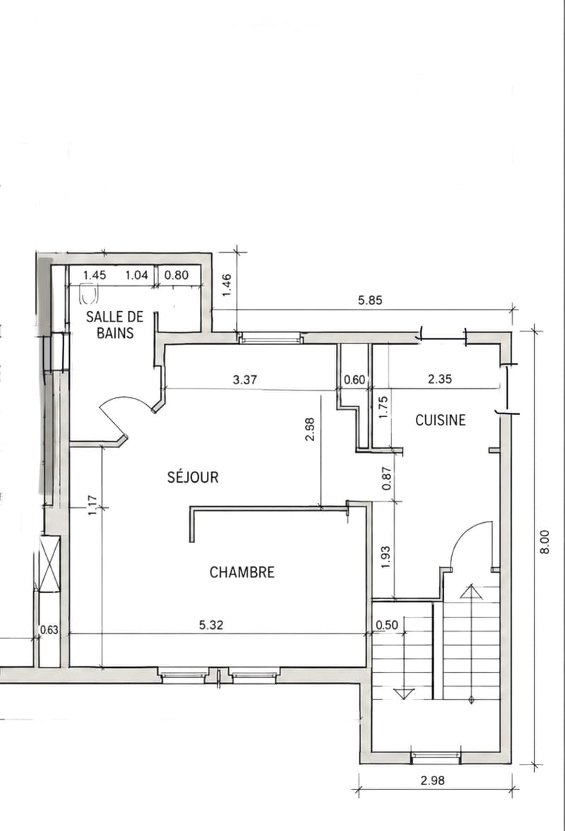 Floor plan showing a living area, bedroom, kitchen, and bathroom with labeled dimensions.