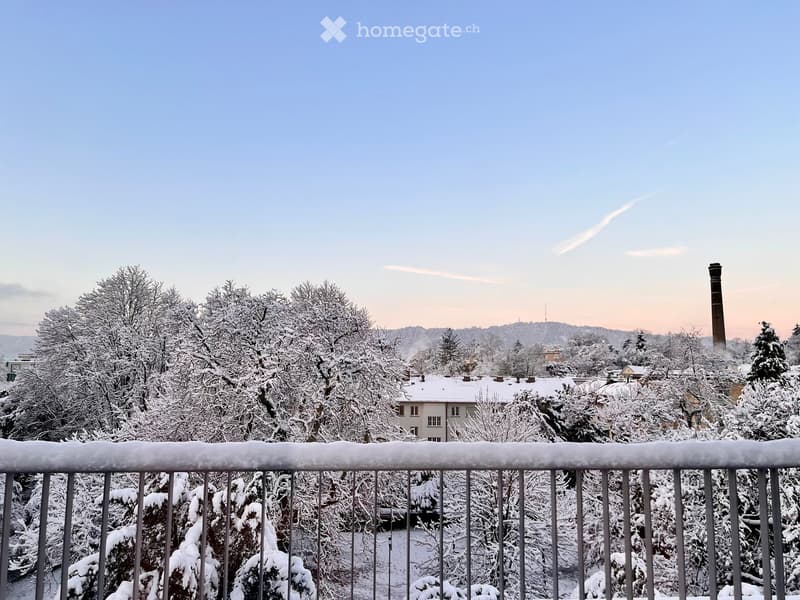 Snow-covered balcony overlooking a snowy landscape with trees and distant buildings.