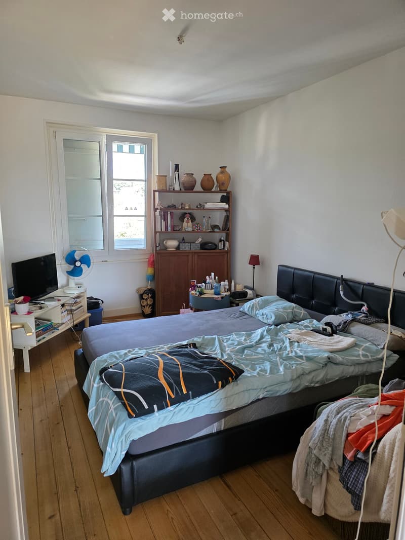 A furnished bedroom with a large bed, nightstand, fan, table, chair, cabinet, shelf, vases, and a lamp.