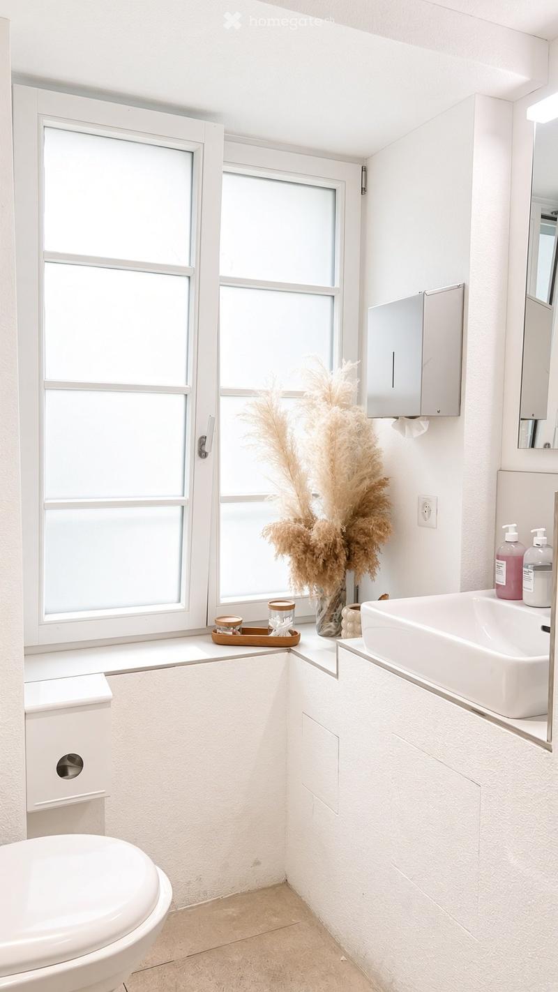 Modern bathroom with white walls, a toilet, a sink, a mirror, and a decorative vase on the windowsill.