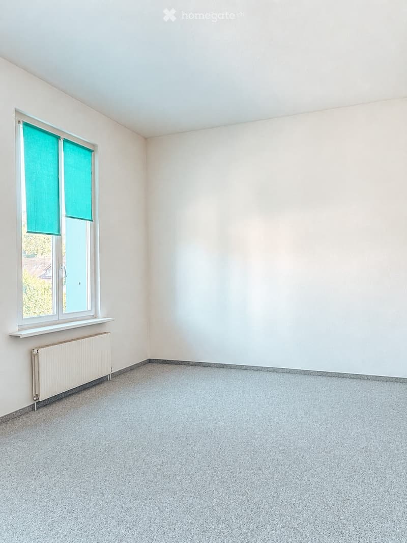 Empty room with light-colored walls, carpeted floor, and a window with green blinds. A radiator is visible under the window.