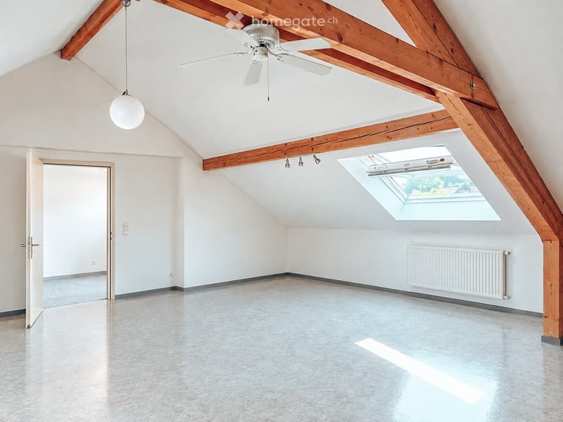Empty attic space with exposed wooden beams, skylight window, pendant light, and radiator.