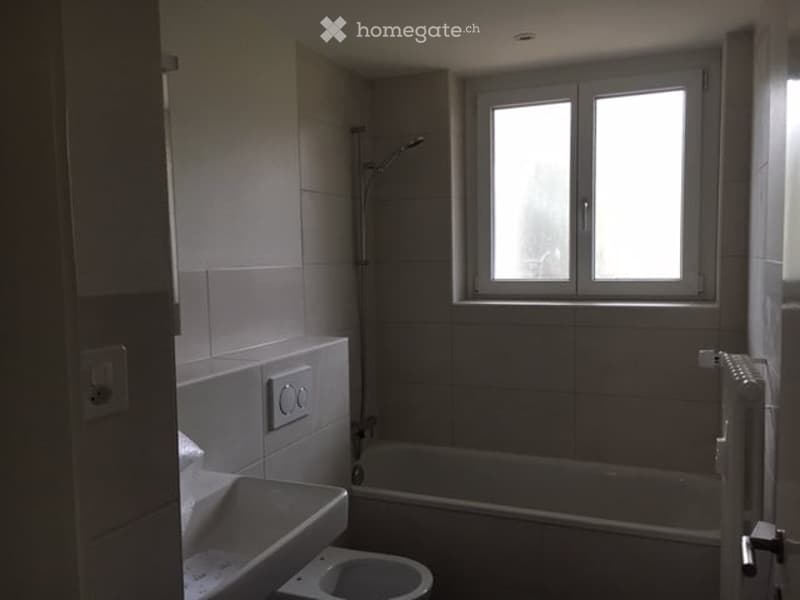 Modern bathroom with a sink, toilet, bathtub, shower, and a window providing natural light. The walls are tiled, and a radiator is mounted on the wall.