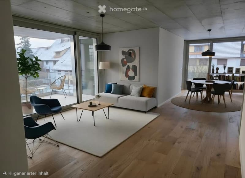 modern living room, white couch, coffee table, rug, large windows, balcony, view of the outside