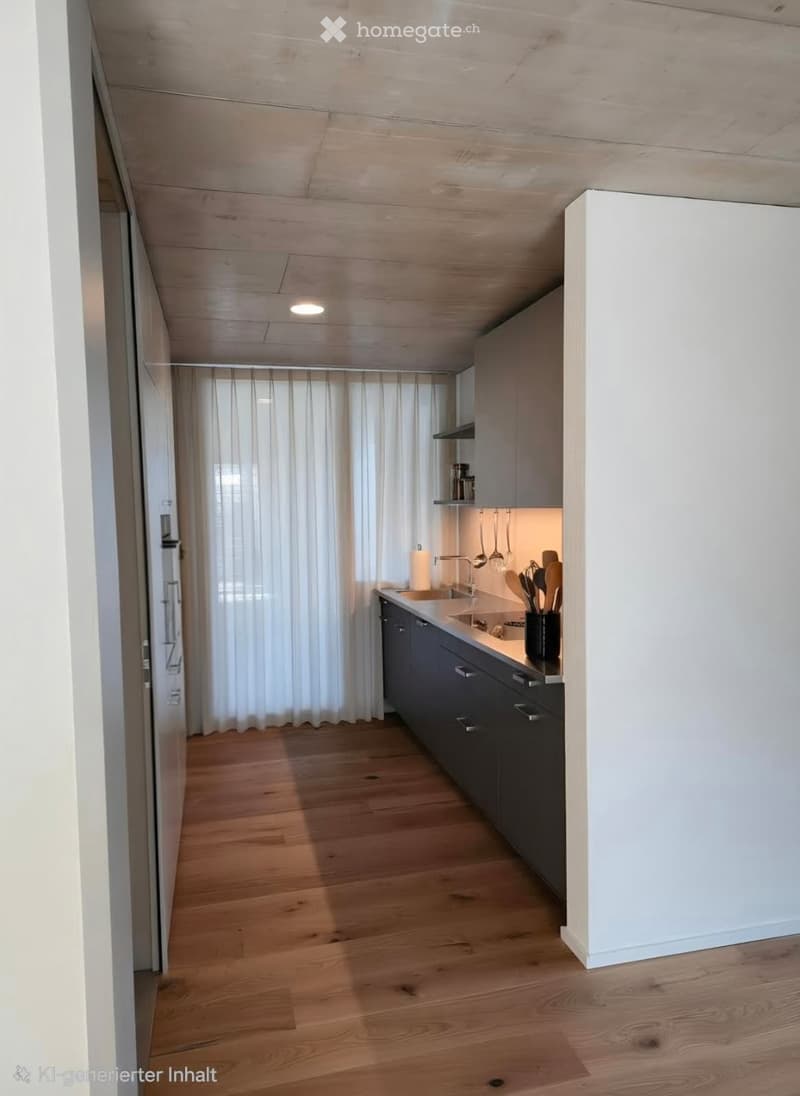 modern kitchen with wooden floor, white walls, gray cabinets, sink, faucet, white curtains
