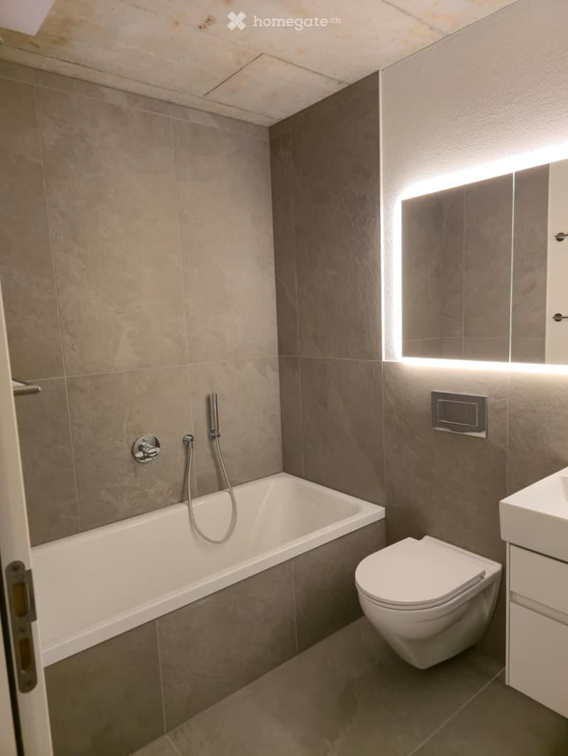 modern bathroom with bathtub, toilet, sink, and mirror