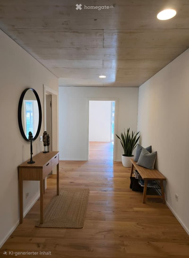 Empty hallway with wooden floor, white walls, wooden bench, round mirror, potted plant, rug, and ceiling lights