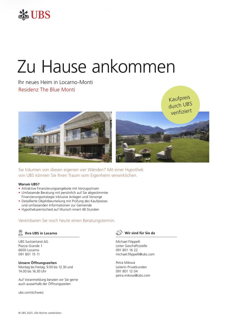 Promotional page for a house in Locarno-Monti, featuring images of a modern house with large windows and a well-maintained garden with outdoor seating.