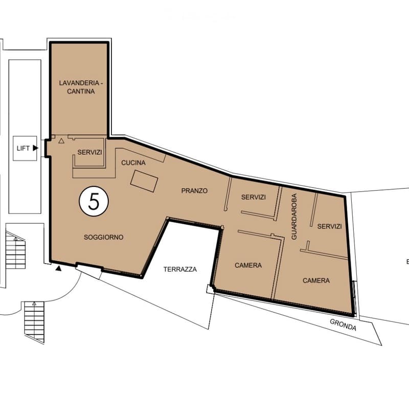 Floor plan showing a living area, kitchen, two bedrooms, two bathrooms, and a terrace.