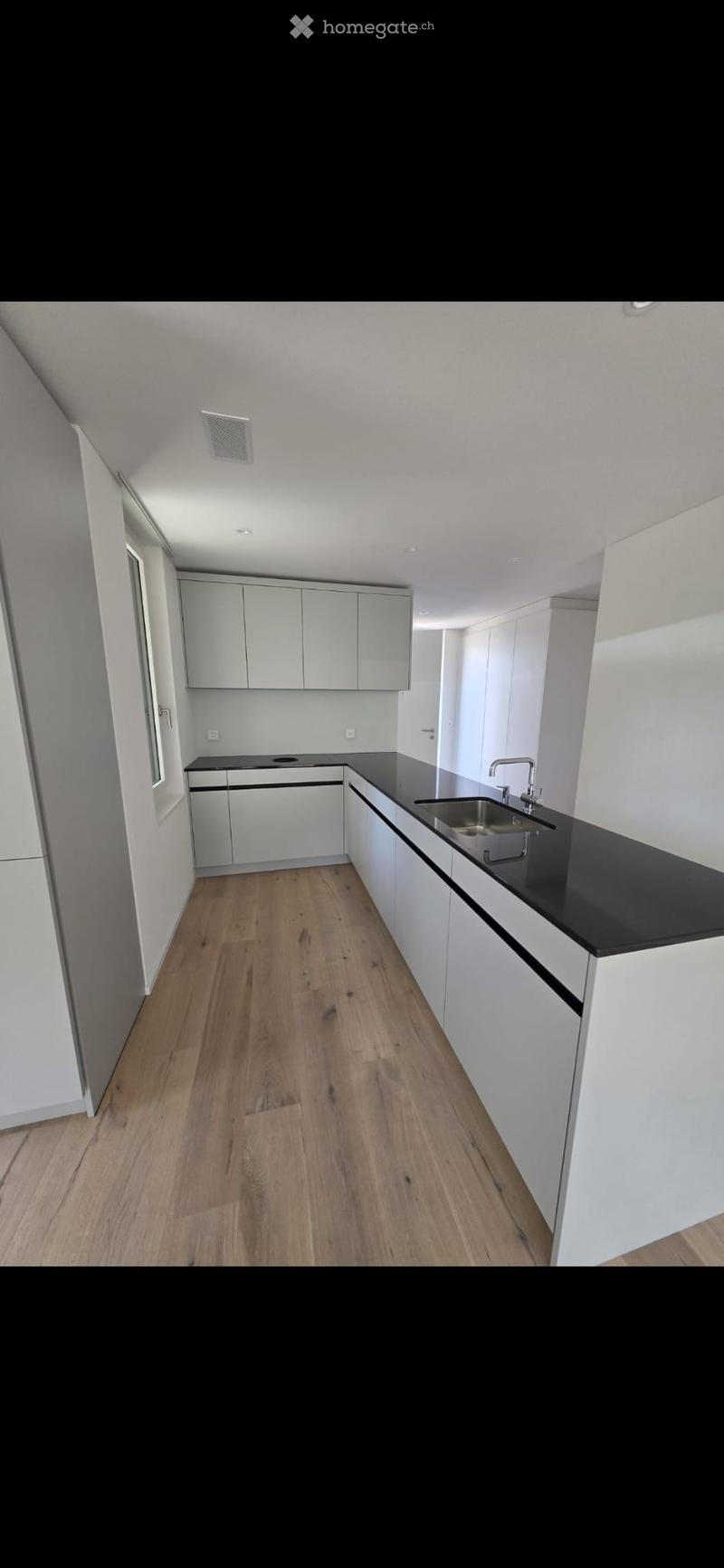 Modern kitchen with white cabinets, black countertops, and wooden flooring.