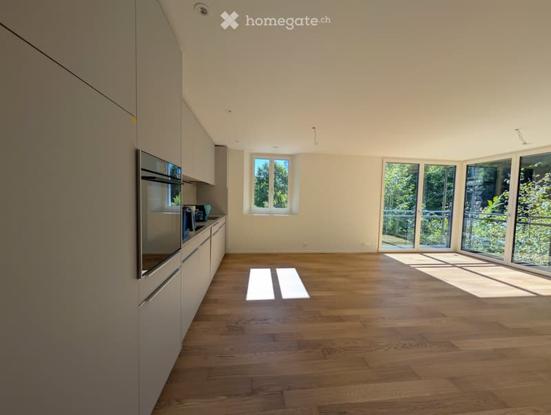 Empty room with wooden flooring, large windows, and modern cabinetry on one side.