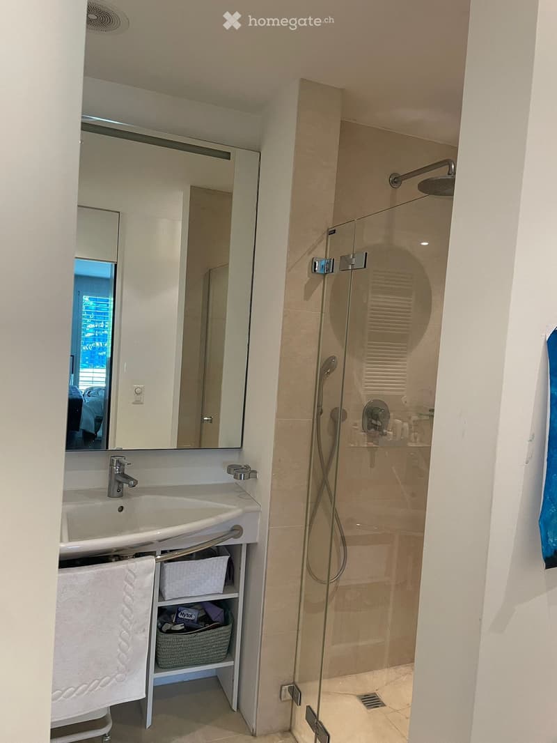 white tiled walls, large mirror, silver faucet, glass shower enclosure, white sink, shelves with storage baskets