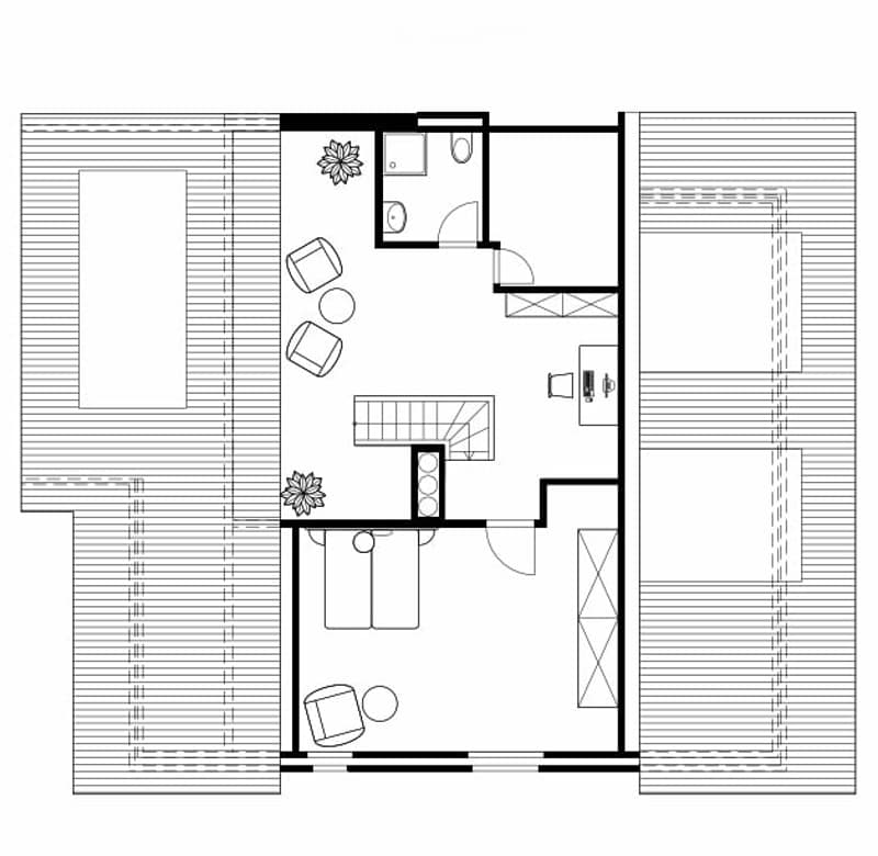 Floor plan of a modern apartment featuring a living room, dining area, kitchen, two bedrooms, and two bathrooms. Includes a balcony and a small outdoor space.
