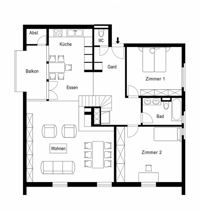 Floor plan showing a kitchen, dining area, living room, two bedrooms, bathroom, and balcony.