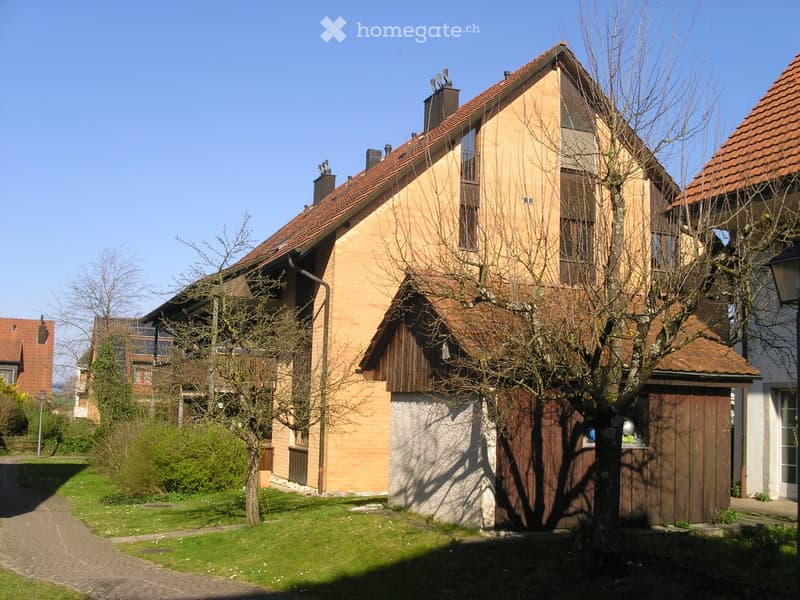 Two-story house with red-tiled roof, brick and wood exterior, surrounded by greenery and trees.