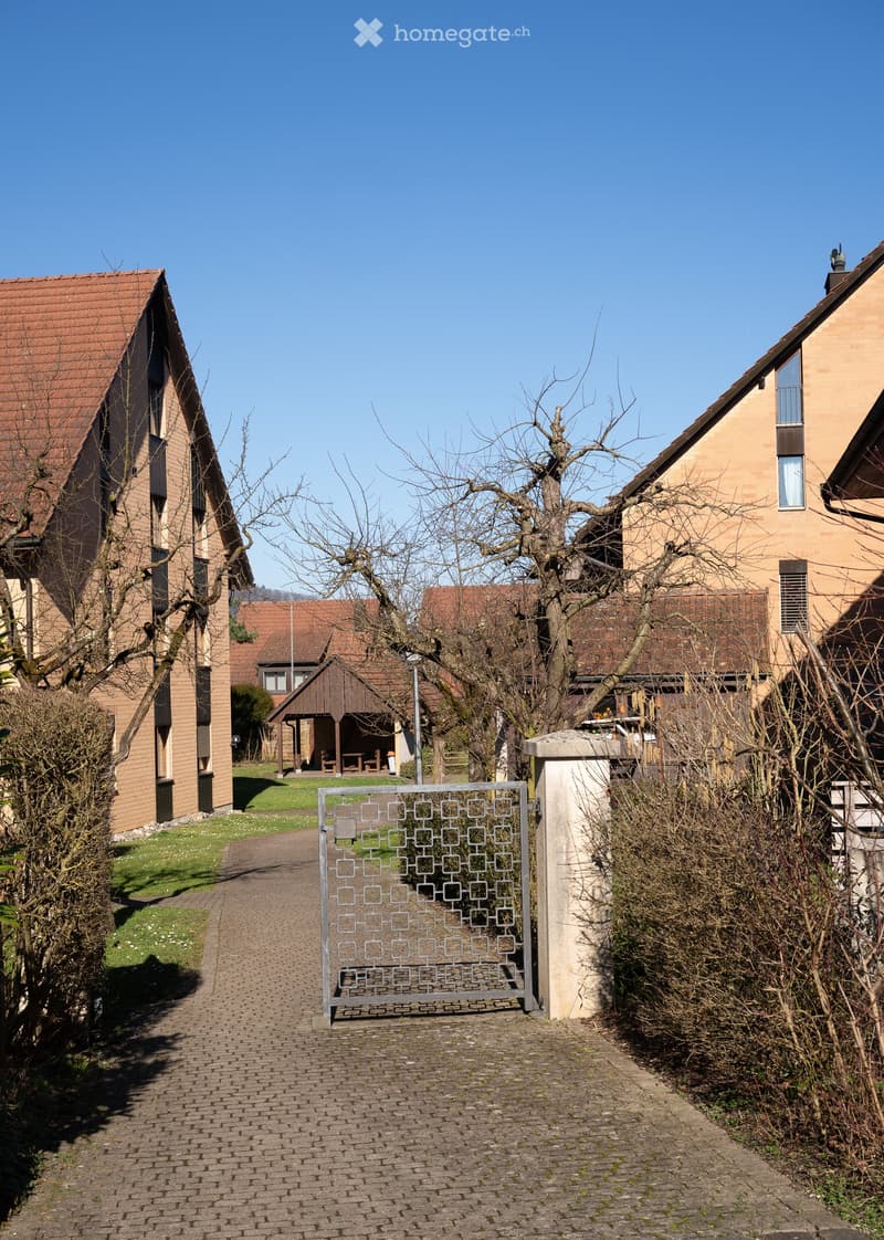 Residential area with multiple houses, a metal gate, and a paved pathway.