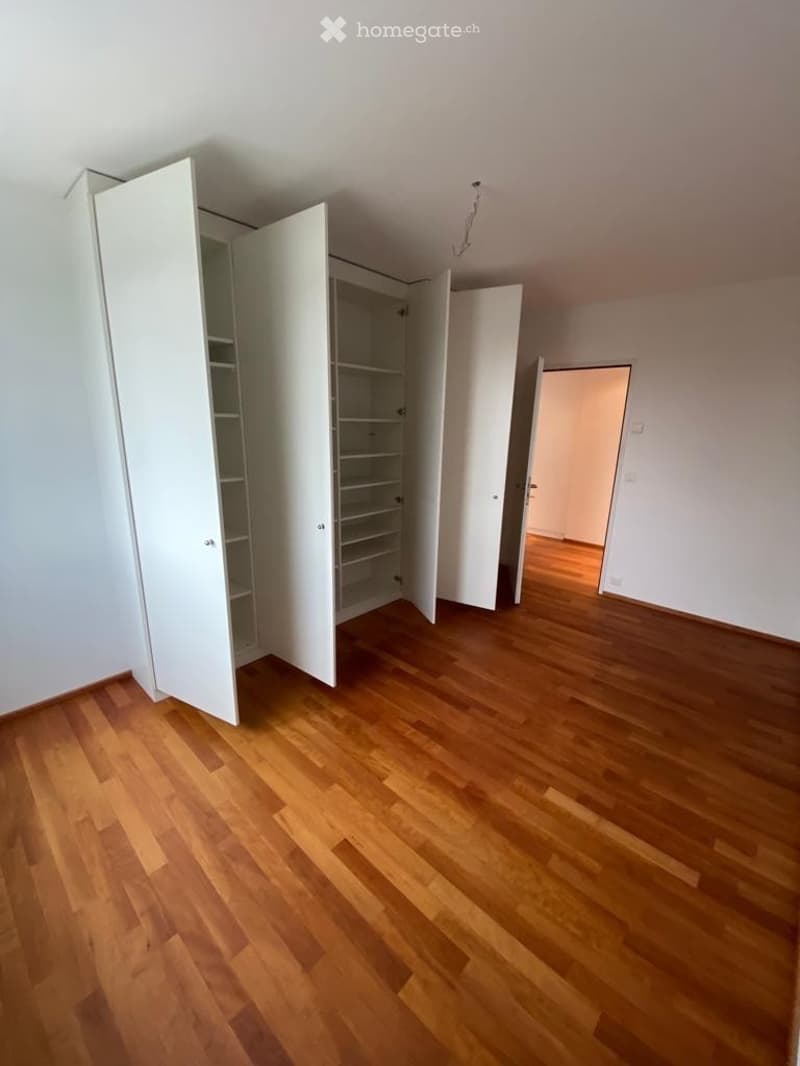 Empty room with wooden flooring and white walls, featuring built-in white closet units with open shelving.