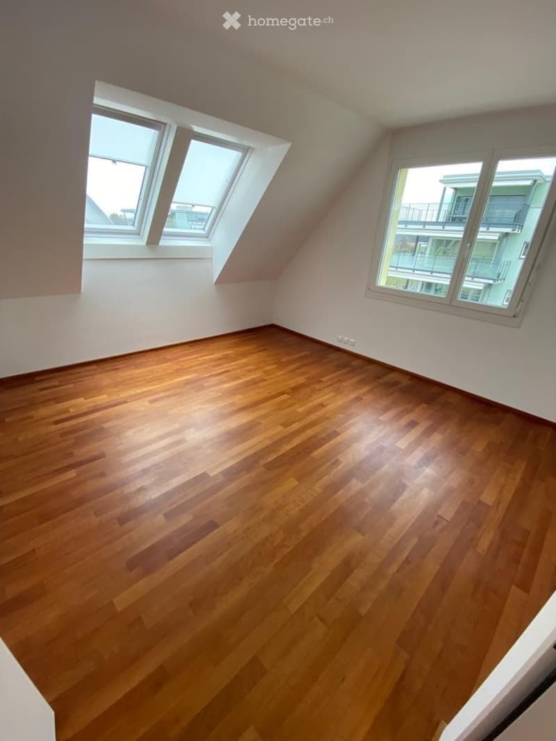Empty attic room with wooden flooring, white walls, and multiple windows including skylights.