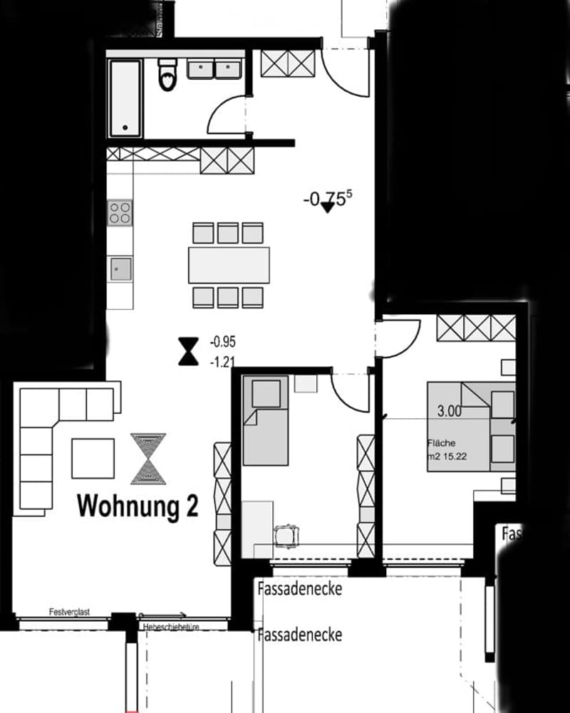 Floor plan of a residential unit labeled 'Wohnung 2' showing multiple rooms including a living area, bedrooms, and bathrooms. Includes measurements and labels for facade corners and floor levels.