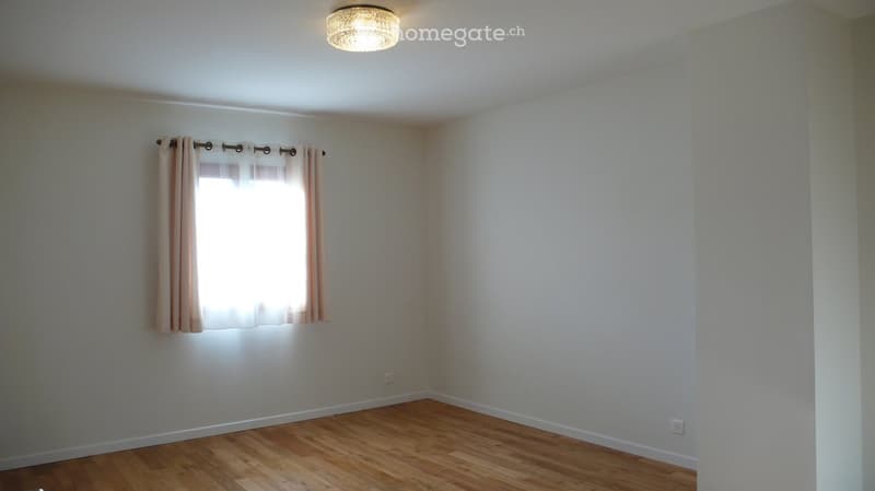 Empty room with light-colored walls, wooden flooring, a window with curtains, and a ceiling light fixture.