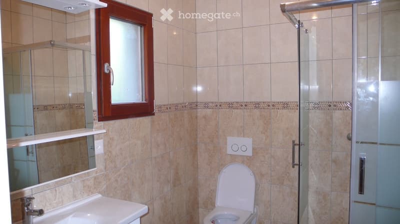 Bathroom with beige tiled walls, a white sink with a chrome faucet, a mirror above it, a toilet, and a glass-enclosed shower area.