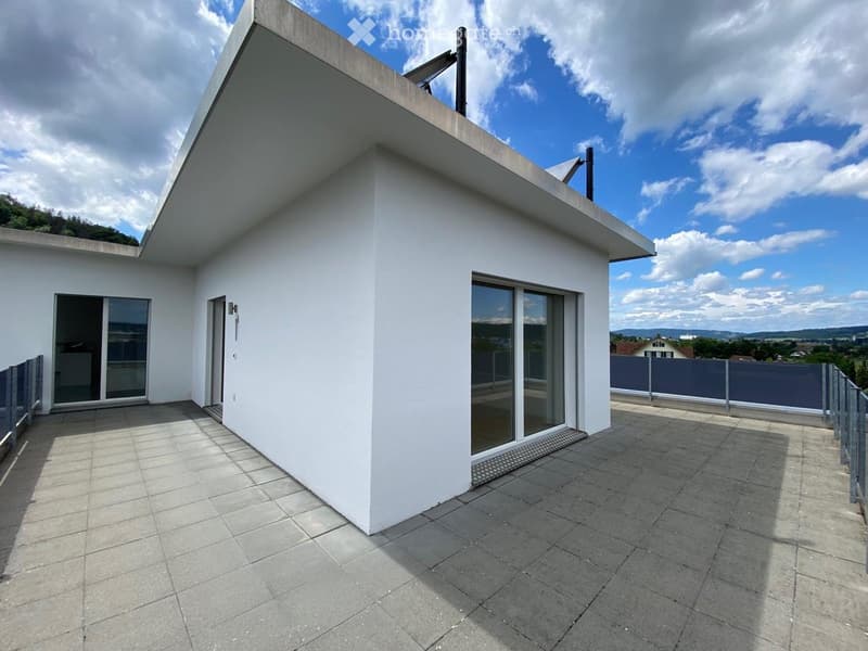 Modern rooftop terrace with concrete tiles, white walls, large sliding glass doors, and a metal railing.