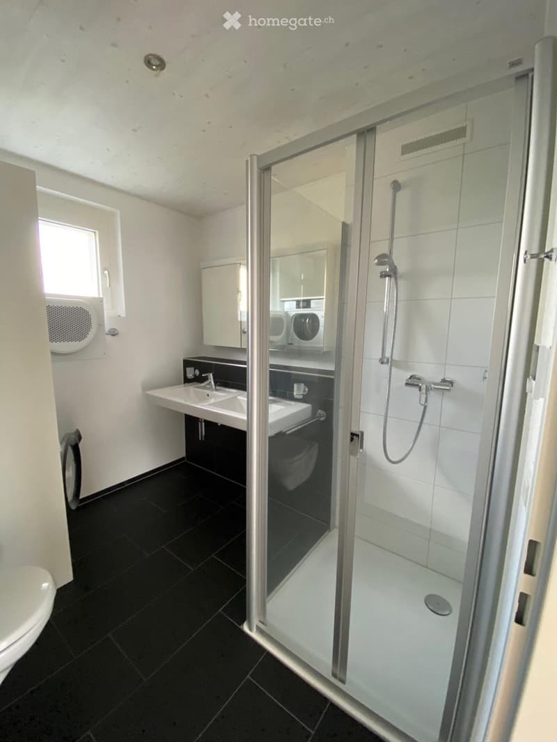 Modern bathroom with black tiled floor, white walls, a glass-enclosed shower, a sink with a mirror, and a toilet.