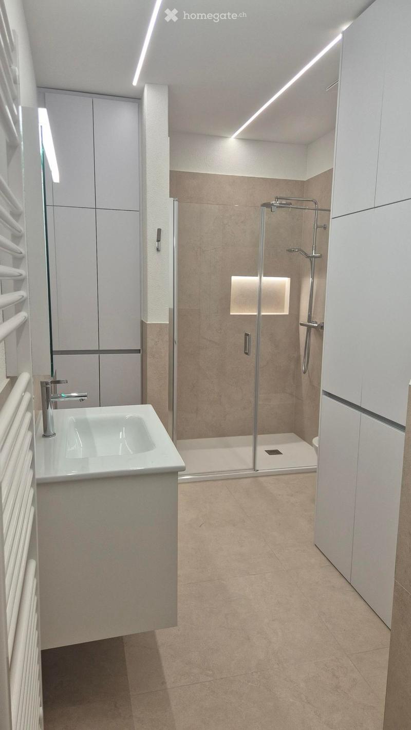 Modern bathroom with a white sink, chrome faucet, glass-enclosed shower, and built-in white cabinets.