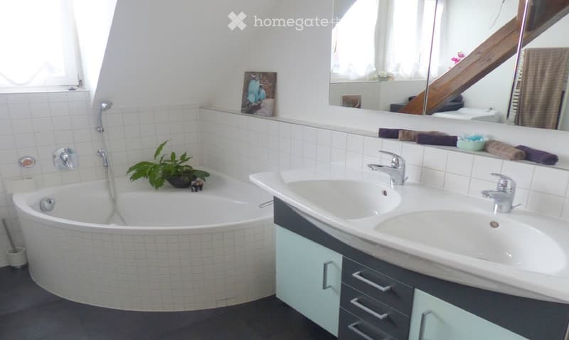 Modern bathroom with a curved bathtub, double sink, large mirror, and decorative plant on the edge of the tub.
