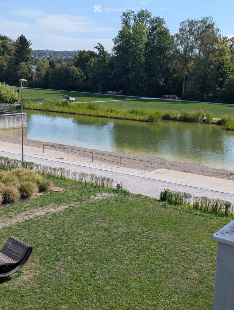 A park area with a pond, grassy fields, trees, a wooden bench, and a paved walkway along the water's edge.