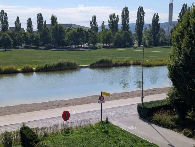 A park area with a pond, grassy fields, trees, and a paved walkway.