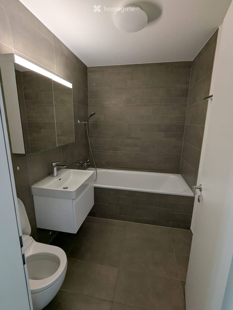 Modern bathroom with a toilet, sink, bathtub, and mirror. Features grey tiled walls and a sleek, contemporary design.